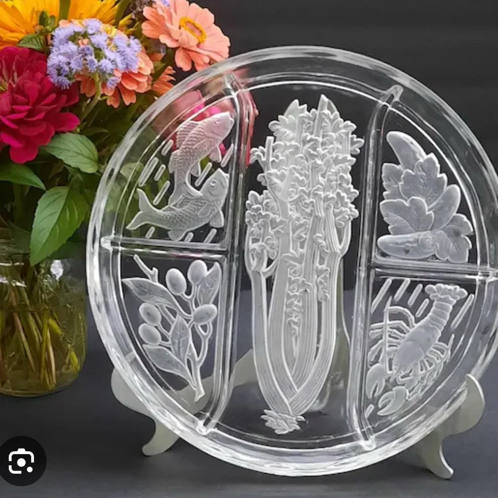Vintage Indiana Glass Relish Tray Round with Celery Lobster Olives Fish Pickles